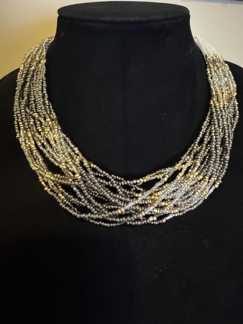 Layered Silver Beaded Necklace | Adjustable Multi Strand Statement Necklace